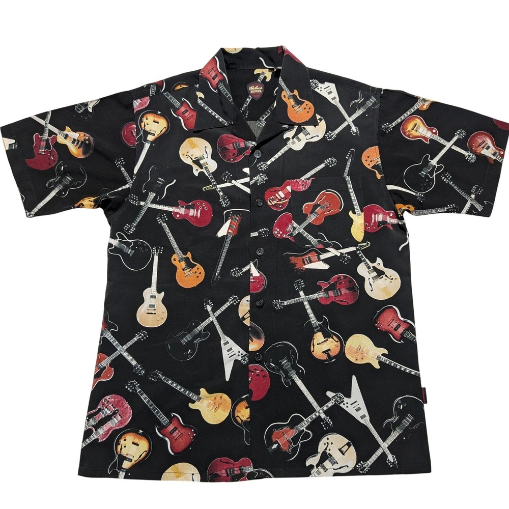 Gibson Tour Wear Guitar Print Men Large Short Sleeve Button Down Shirt Black EUC
